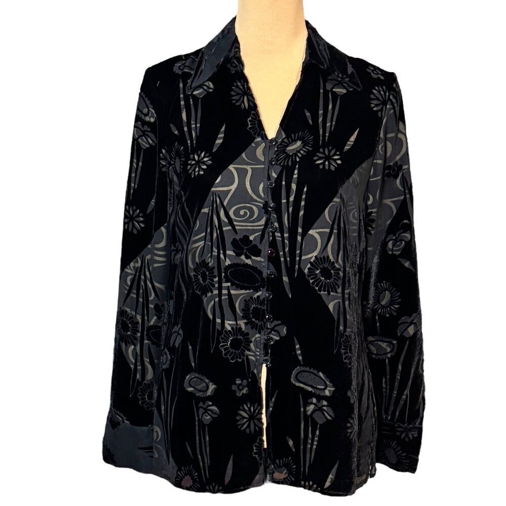 VTG Jones New York Burnout Velvet Blouse Top Sz.S Black Whimsigoth Gothic Witch